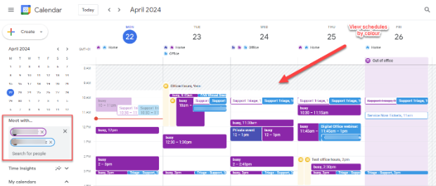 Screenshot of viewing colleagues' schedules on Google Calendar, differentiated by slots in different colours: blue, yellow and purple.